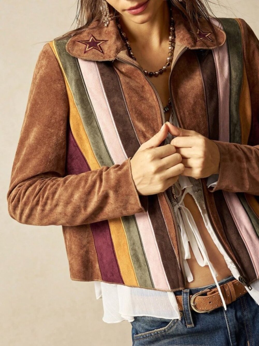 Brown Vegan Suede Butterfly Embroidered Cropped Trucker Jacket - Picture 6 of 8